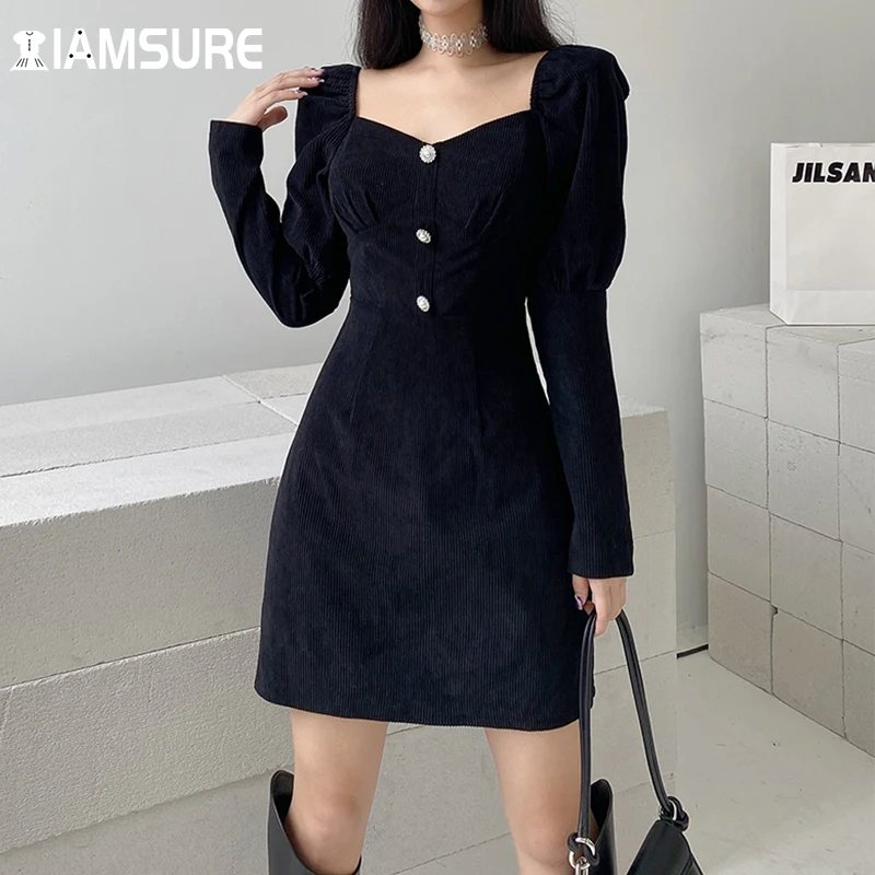 

IAMSURE Slim Solid A-Line Corduroy Dress Korean Style Square Collar Puff Sleeve Mini Dresses For Women 2021 Elegant Fashion Lady