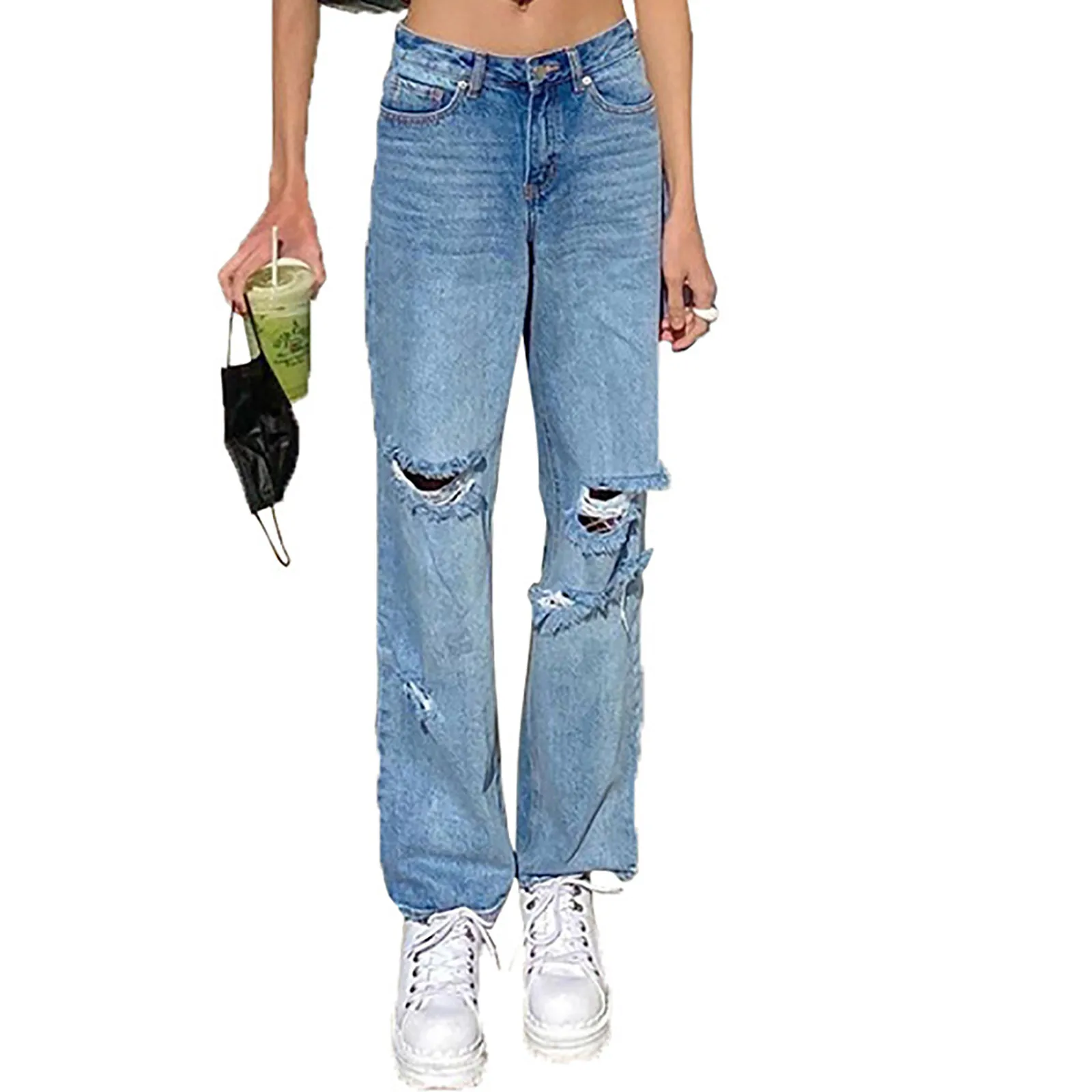 

Jeans Women High Waist Hole Loose And Casual Trousers Female Straight All Match Femme Long Denim Pants For Women Plus Size