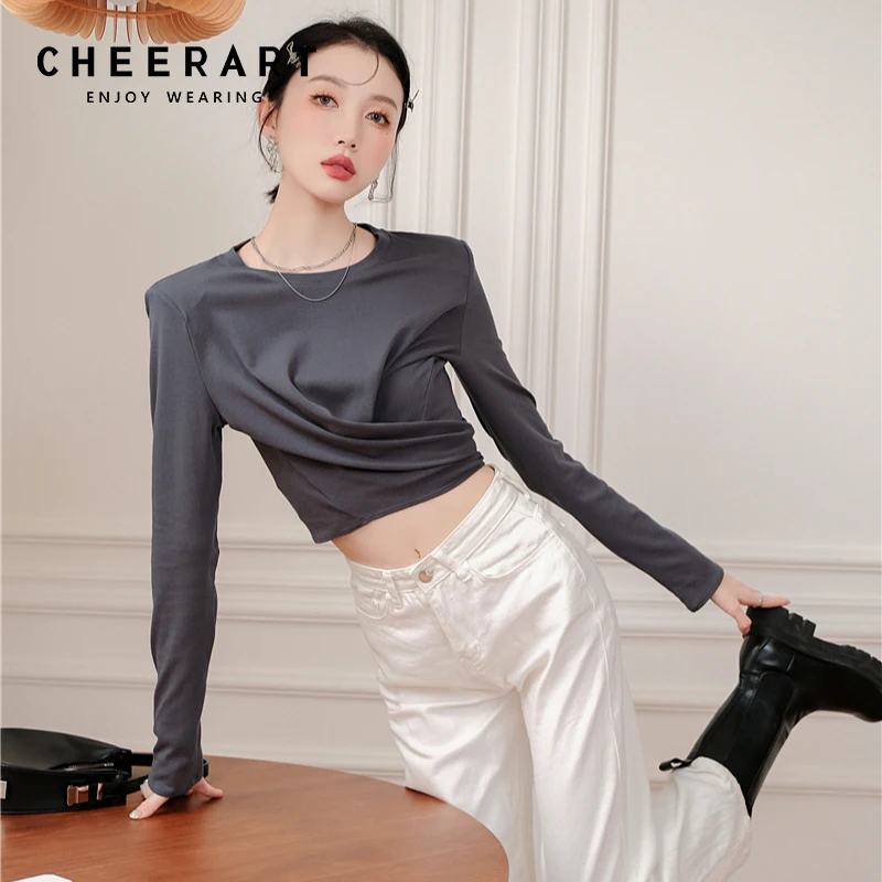 

CHEERART, короткий топ с длинным рукавом, осень 2021, женская модная простая футболка, бандажные футболки с круглым вырезом, дизайнерские модные т...