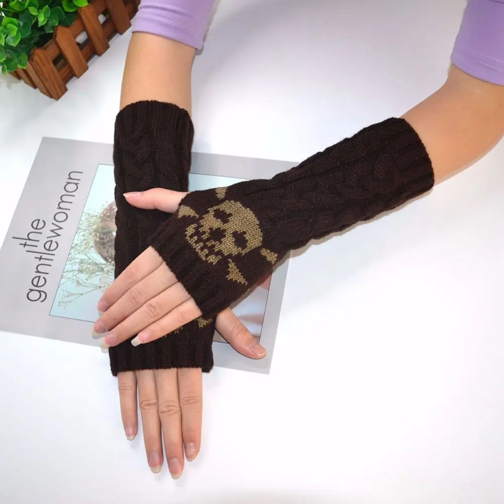 

Elastic Soft Warm Printing Girls Half Finger Skeleton Arm Warmers Wool Sleeve Cuff Knitting Gloves Female Arm Warmers