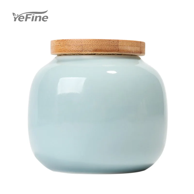 

YeFine Small Ternary Pure Color Simple Bamboo Cover Sealed Ceramic Portable Household Tea Canister