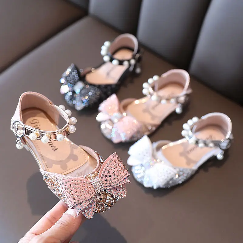 2021New Kids Shoes Rhinestone Crystal Sandal Girls Princess Shoes for Wedding Party Dance Performance Shoes Black silver gold