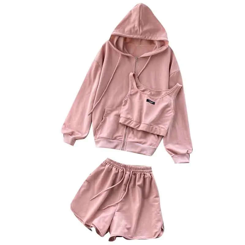

Fried Street Fashion Suit Casual Hooded Sweater Cardigan Jacket All-match Short Vest High Waist Wide Leg Shorts