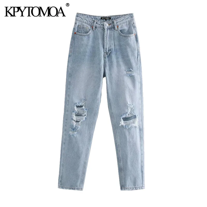 

KPYTOMOA Women 2021 Chic Fashion Ripped Hole Side Pockets Jeans Vintage High Waist Zipper Fly Denim Female Ankle Trousers Mujer