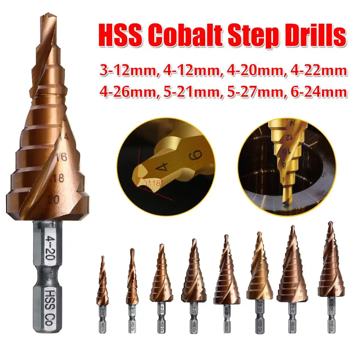 Drillpro несколько размеров HSS Кобальт шаг сверло набор азот Высокоскоростная сталь Спираль для металла конус треугольник хвостовик отверстие