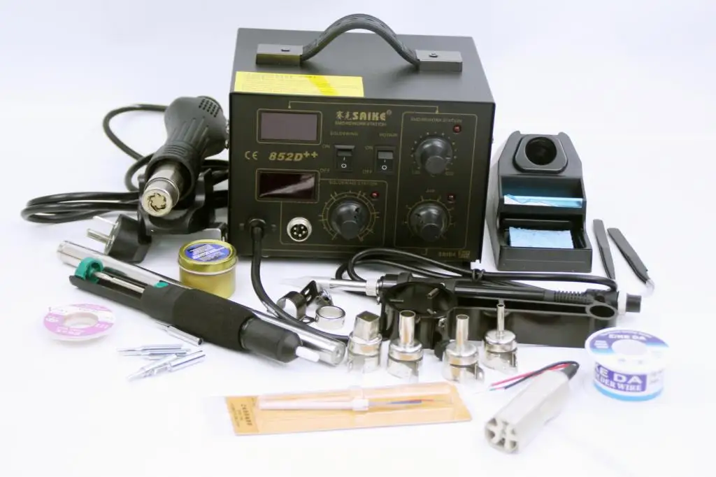 SAIKE 852D+ Iron Solder, Soldering Hot Air Gun 2 in 1 Rework Station with accessories: gloves tweezers solder wire enlarge