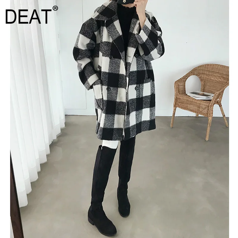 Женское двубортное пальто в черно белую клетку DEAT Черное и белое шерстяное Осень
