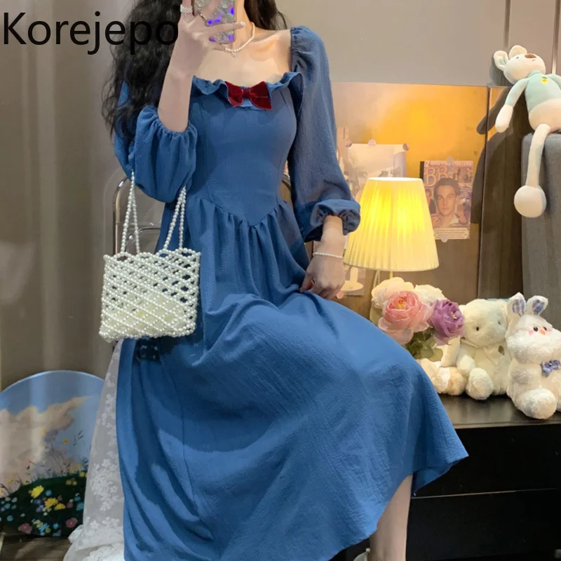 

Korejepo Princess Dress Women's Fashion New 2022 Spring Sweet Square Collar Long Women's Fat Sister Thin Bow Harajuku Dresses