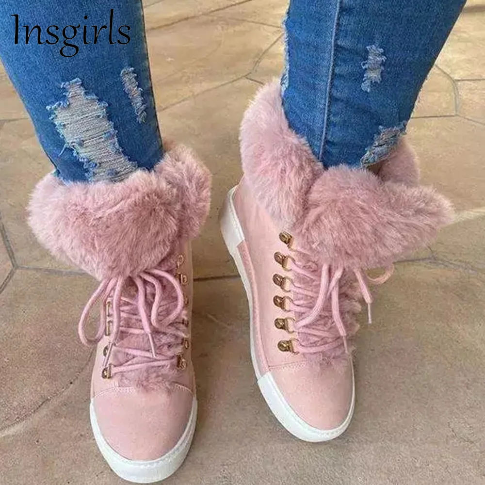 

Women's Warm Fur Boots 2021 Winter New Comfortable Ladies Lace Up Canvas Shoes 36-43 Large-Sized Female Cotton Casual Shoes