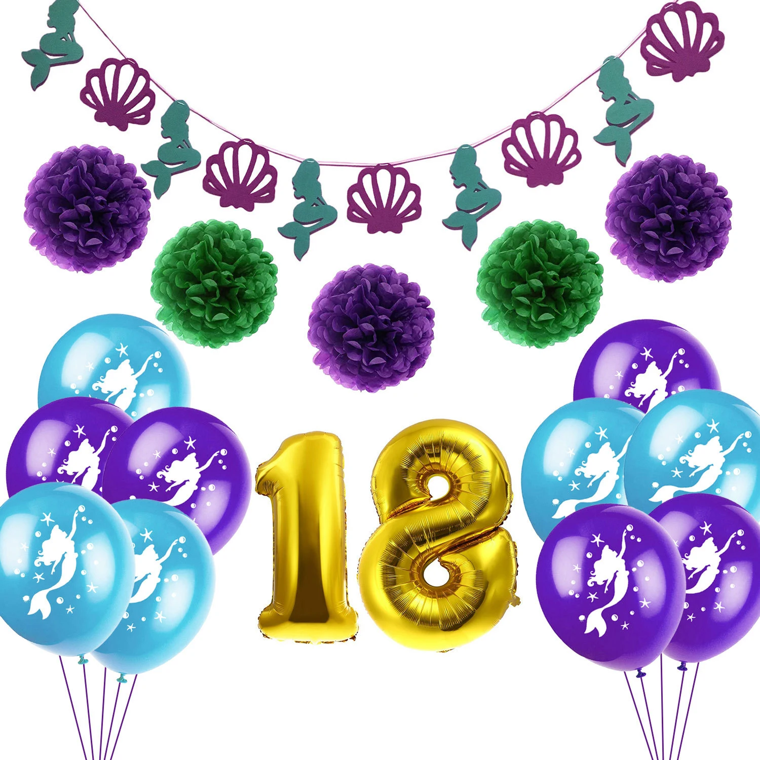 

1 Set Number Happy 18th Birthday Latex Balloon Cartoon Mermaid Banner Paper Flower Ball Set Adult Ceremony Birthday Party Decor