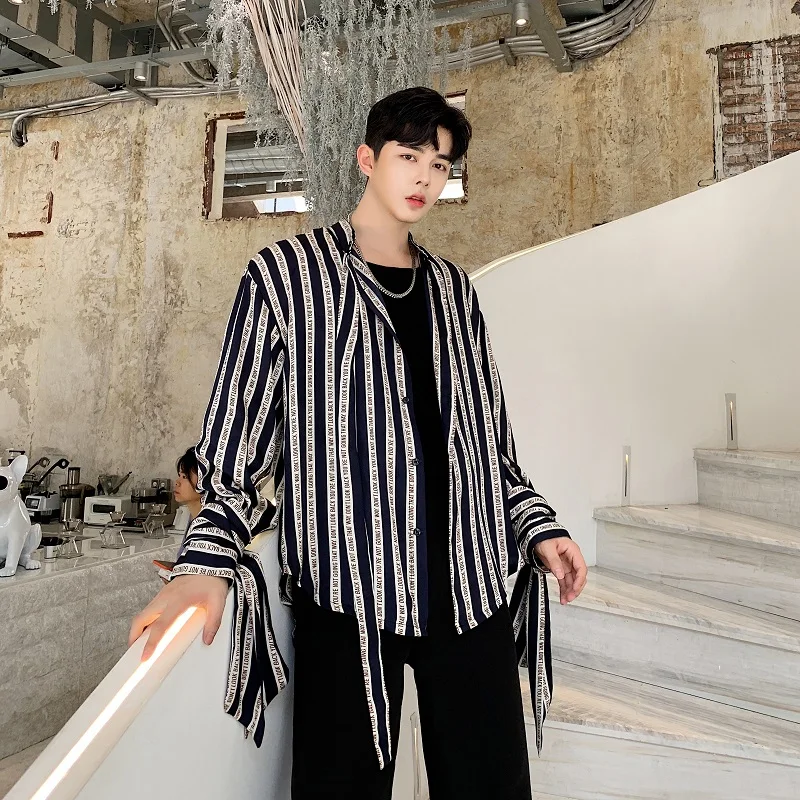 Мужские полосатые рубашки с длинным рукавом лентами Свободные повседневные