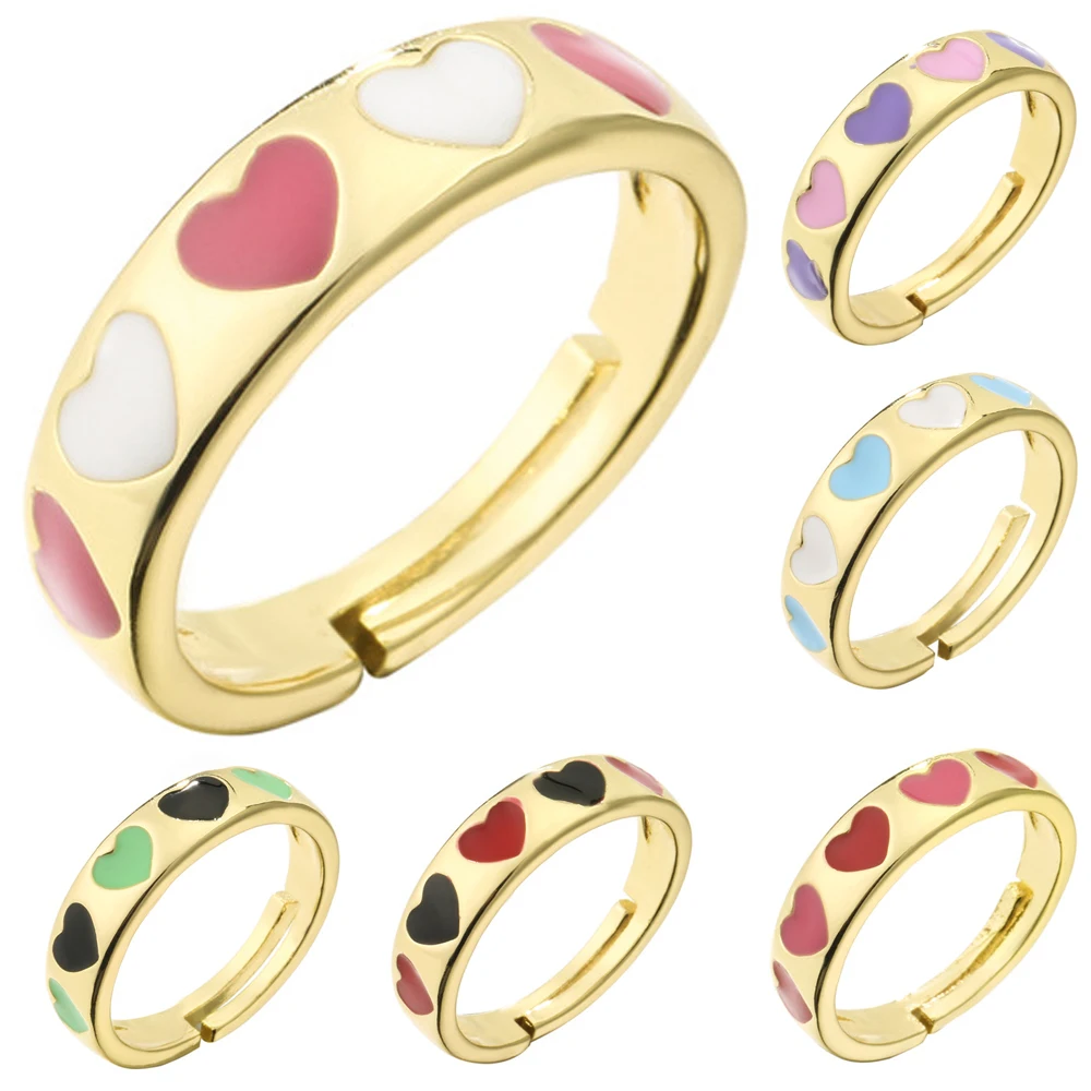 Эмалированное открытое регулируемое кольцо на палец цветное яркое сердце