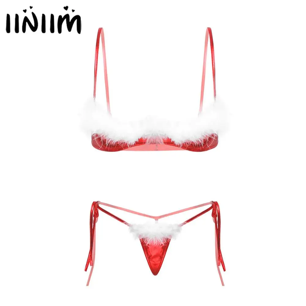 

Комплект женского экзотического нижнего белья, пикантный Рождественский комплект на бретелях-спагетти, с отделкой из Белых Перьев, бюстгал...