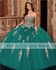 Зеленое бальное платье с цветочной аппликацией для выпускного вечера, 15 лет, 2021