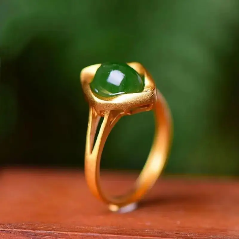 

Natural Hetian Jade Sterling Silver Gold Jasper Egg Noodles Spinach Green Refined Grace Personality Vortex Ring Adjustable Femal