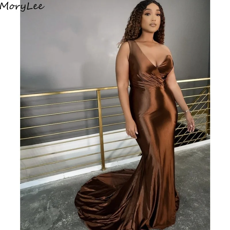

Popular Bridesmaid Dresses Sweetheart One Shoulder Silk Satin Mermaid Wedding Sweep Train Party Bridesmaid Gowns With Zipper