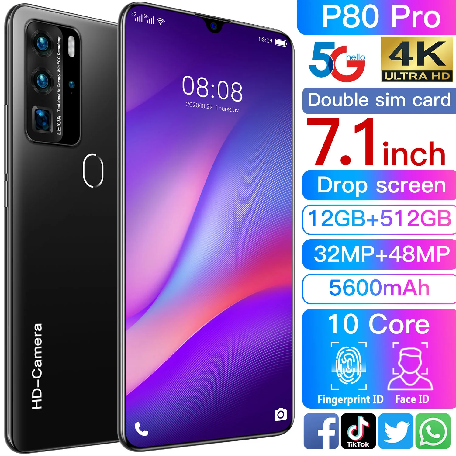 

Newest P80 Pro mobile phone 7.1-inch 4G 5G network 10 Core ROM Android 10.0 Smartphone Global version 12 512GB