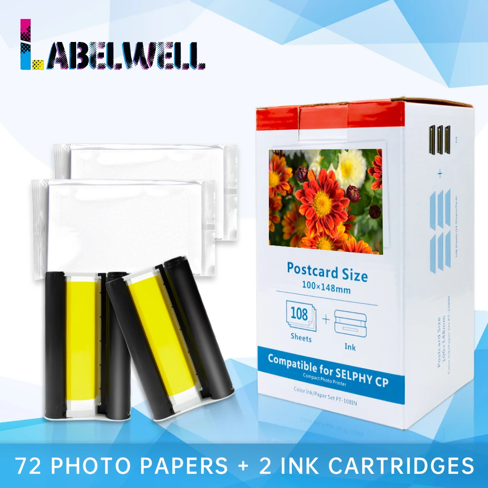 

Labelwell 2 ink cartridge 72 photo paper KP 108IN KP-36IN compatible for Canon Selphy CP1300 CP1200 CP1000 CP910 CP900 printer