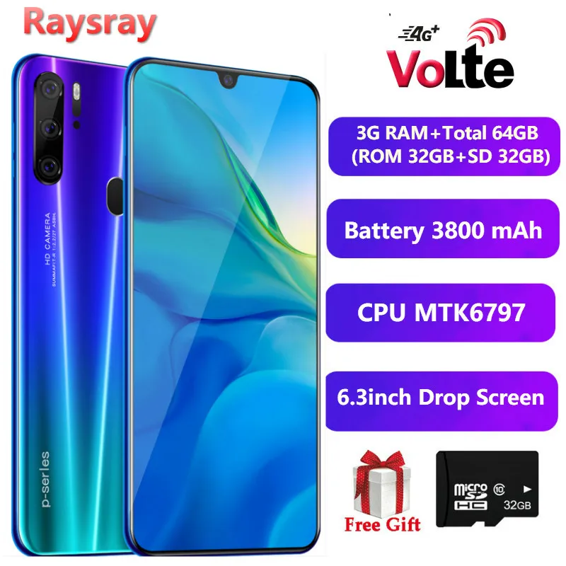 Raysray 4G LTE мобильный телефон P30 смартфон 3g ram + всего 64 ГБ (rom 32 SD ГБ) 3800 мАч 8MP две sim