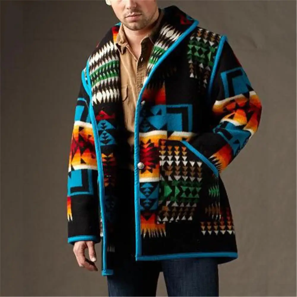 

Men's Jackets Coats Turn-Down Collar Pocket Long Sleeve Geometric Printing Single Breasted Woolen Coat Spring/Autumn Jacket