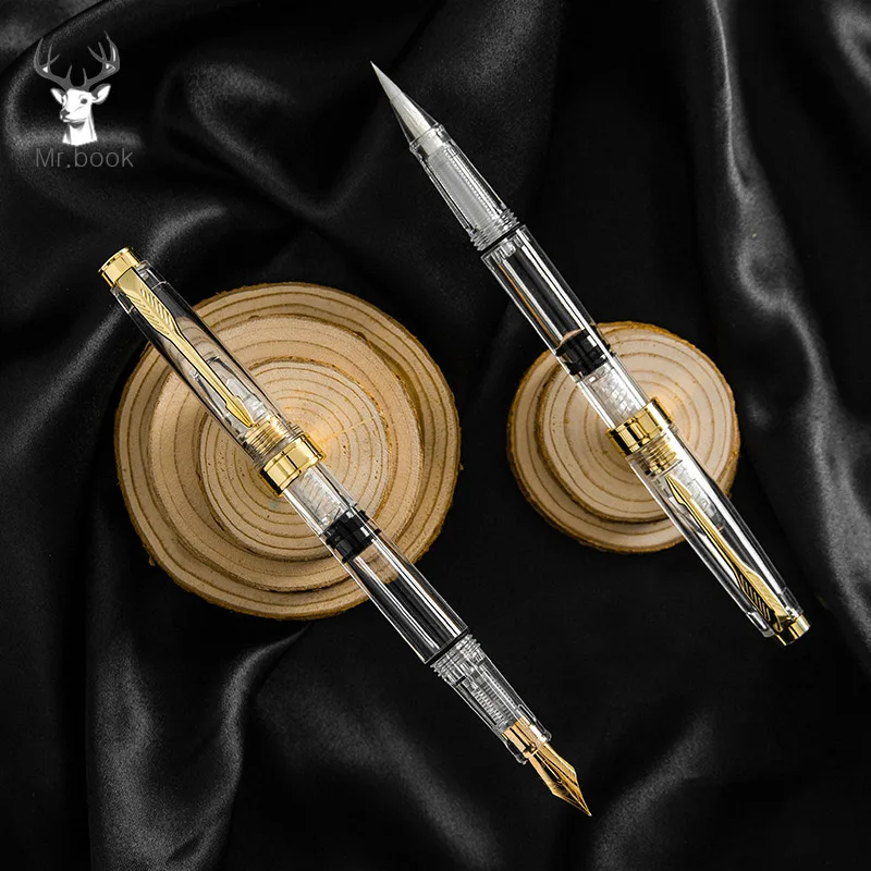 Ручка перьевая прозрачная золотистая поршневая многоразовая кисть для