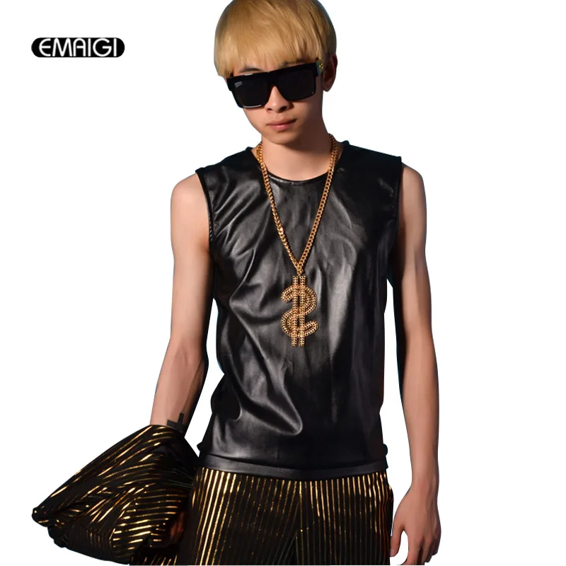 

Men PU Leather Fashion Casual Slim Fit Sleeveless Tee Shirts Male Tops Tank tops t-shirt Stage Singer Dancer Costumes