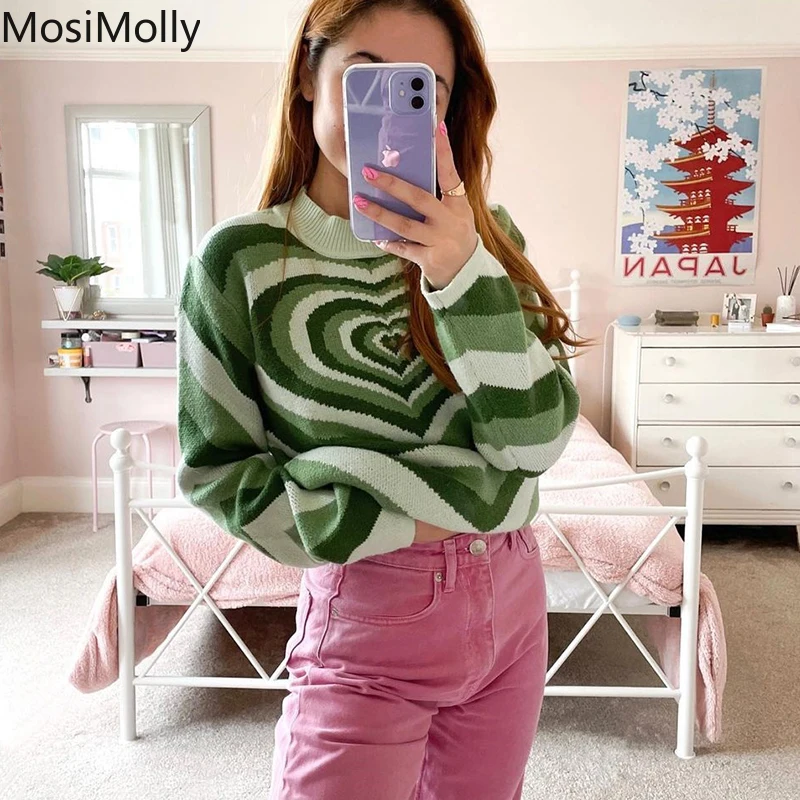 

Зеленый жаккардовый свитер MosiMolly с сердечками, пуловеры, Женский вязаный свитер 2021 AW, джемпер, крутой свитер