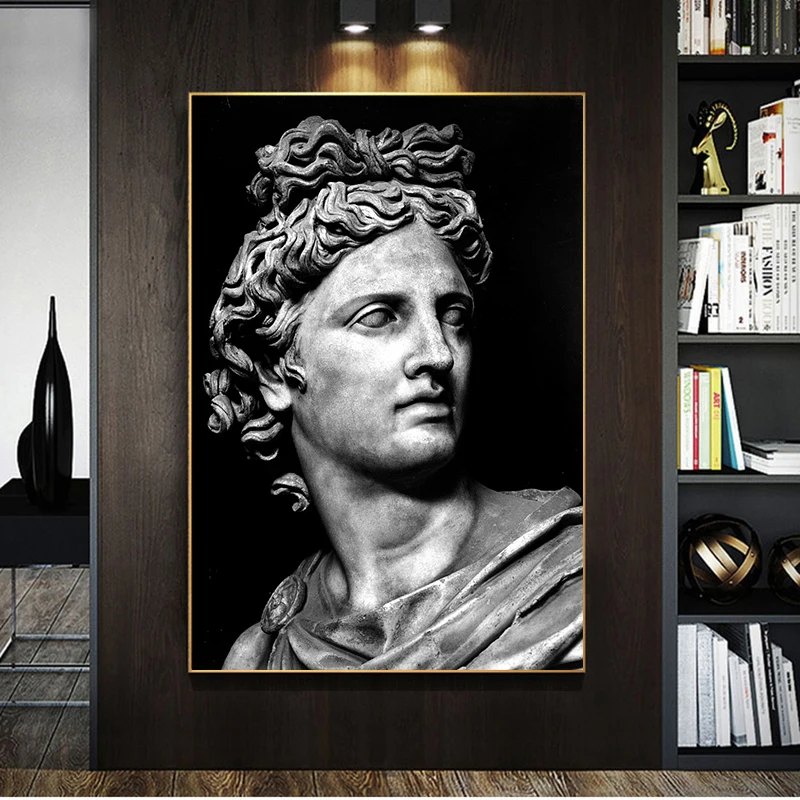 

Black White Head of The Statue of Apollo Sculpture Canvas Art Poster and Prints Paintings on Wall Art Picture for Home Decor