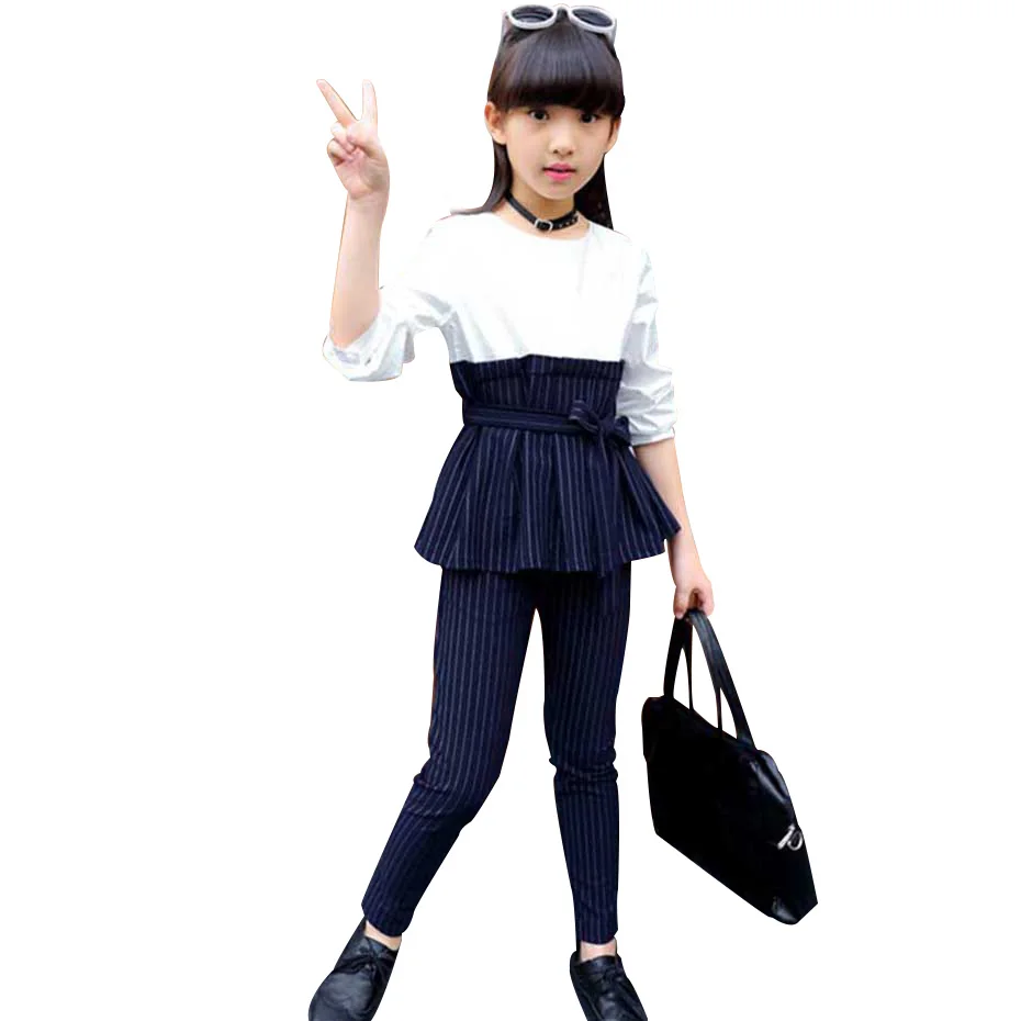 Комплект из трех предметов для девочек рубашка в полоску и штаны стиле пэчворк