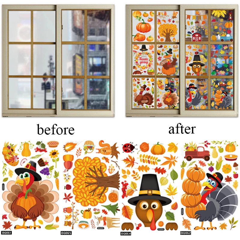 

Thanksgiving Style Wall Stickers Waterproof Pumpkin Wall Stickers Colorful Funny Turkey Stickers Static Wall Stickers