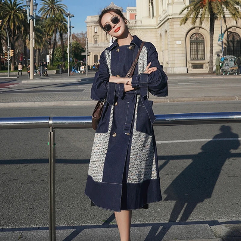 Женское джинсовое пальто TWOTWINSTYLE Осеннее повседневное с отложным воротником