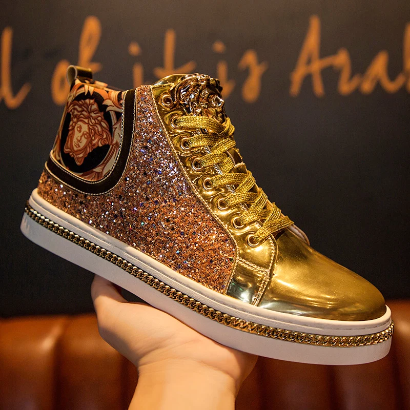 Winter Ankle boots Men Shoes luxury brand Fashion Leather Boots For Men Casual Waterproof Flat Male Shoes chunky Sneakers - Color: 10028 Golden
