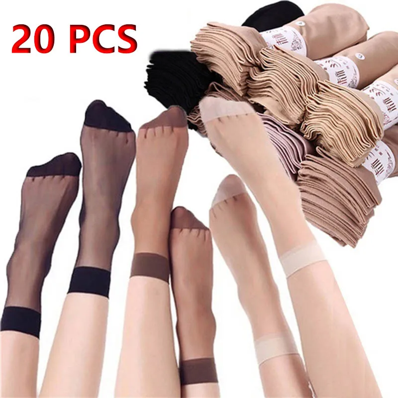 20pcs=10 Pairs Summer Female Short Skin Socks Women's Thin Crystal Transparent Girl Ankle Silk Smooth Non-slip Suitable Socks