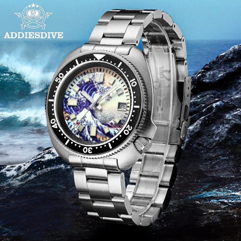 

Мужские часы для дайвинга Addies 200 м, полностью светящиеся часы с 3D-принтом Kanagawa, серфинг, циферблат NH35, сапфировые автоматические механически...