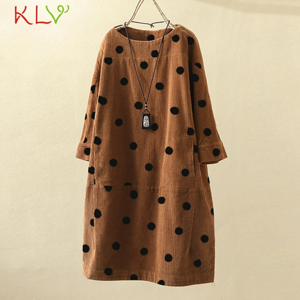Женское вельветовое платье в горошек с круглым вырезом Элегантное зимнее