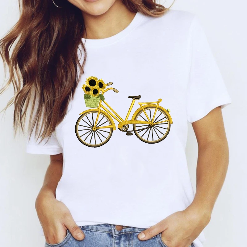 

T-shirts Top for Women 90s Sunflower Bike Cute Short Sleeve Floral Clothing Print Lady Graphic T Shirt Ladies Female Tee T-Shirt