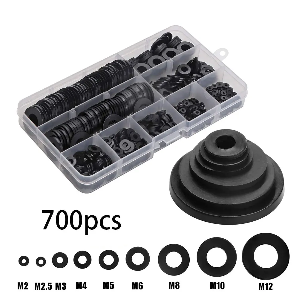 

700PCS/Set Nylon Flat Washers Assortment Kit Metric Sealing Spacer Gasket Ring Black M2 M2.5 M3 M4 M5 M6 M8 M10 M12 Washers