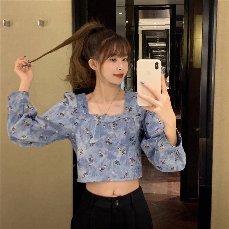 

Price New Spring and Autumn Design Square Collar Short Long Sleeve Denim Shirt Top