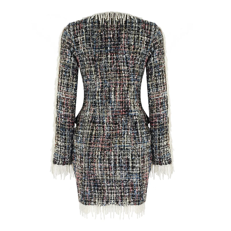 

New Fashion Plaid Beading Dress V Neck Long Sleeve Luxury Celebrity Party Vestidos Mini Club Pearl Sexy Women