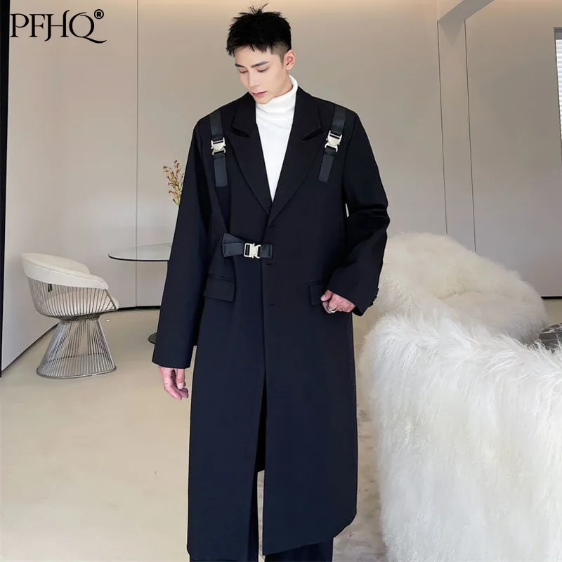 

PFHQ 2021 New Men's Fashion Korean Design Metal Buckle Decoration Notched Simple Long Suit Trench Coat Autumn And Winter 21E139