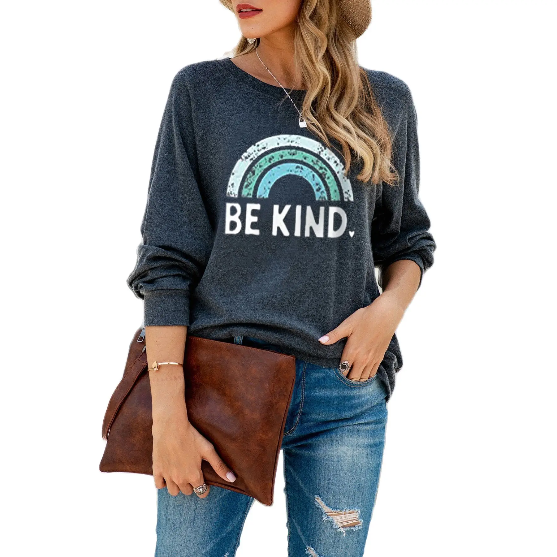 

2021 Spring/Autumn Women's Loose Rainbow Print Casual Sweatshirt