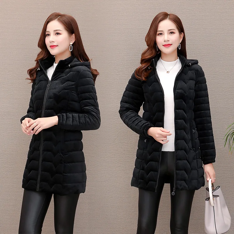 Зимняя теплая женская куртка из хлопка с золотым бархатным утеплителем длинная