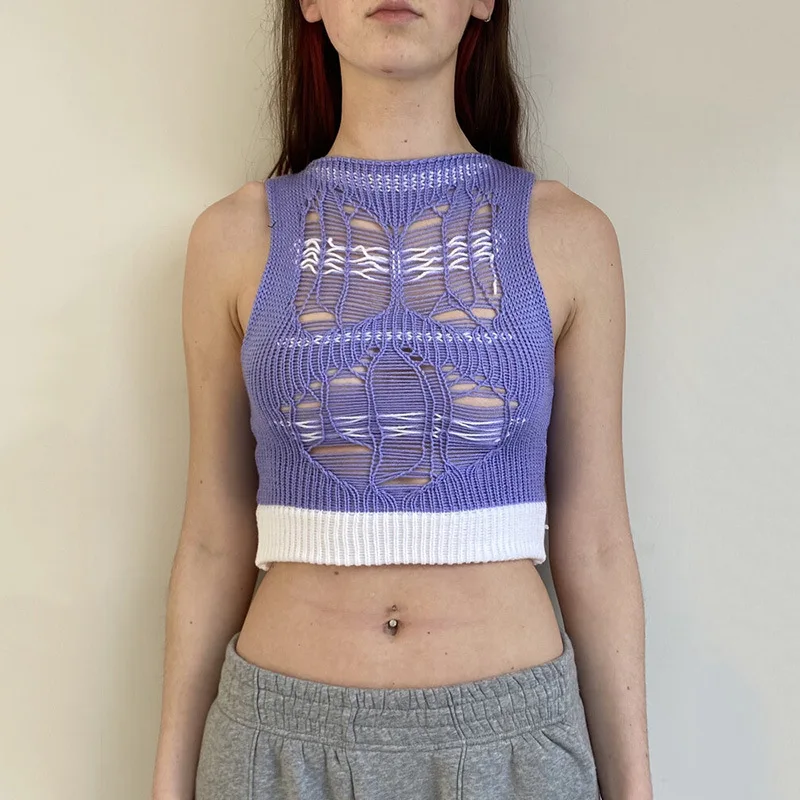 

2021 Summer Knit Crop Top Women Black Hollow Out Y2K Sleeveless Casual White Beach Off Shoulder Sexy Tank Tops Women Tee Shirt