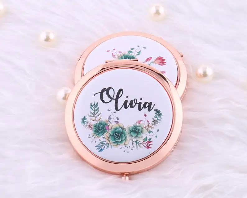 Персонализированные компактное зеркало ваше имя акварель кактус сочные