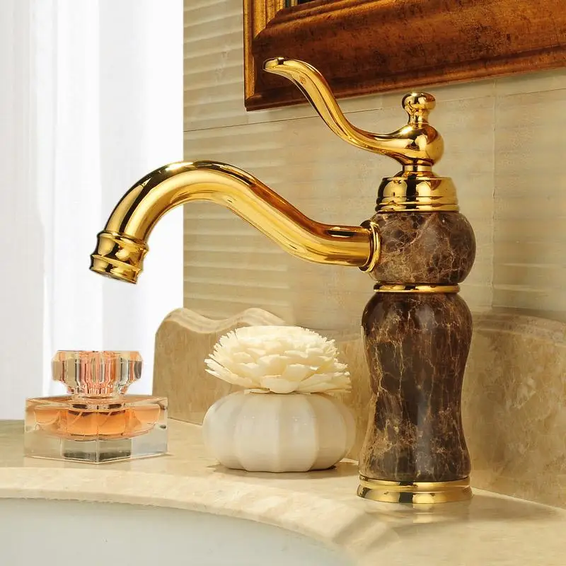 Латунный смеситель горячей и холодной воды с золотым керамическим украшением