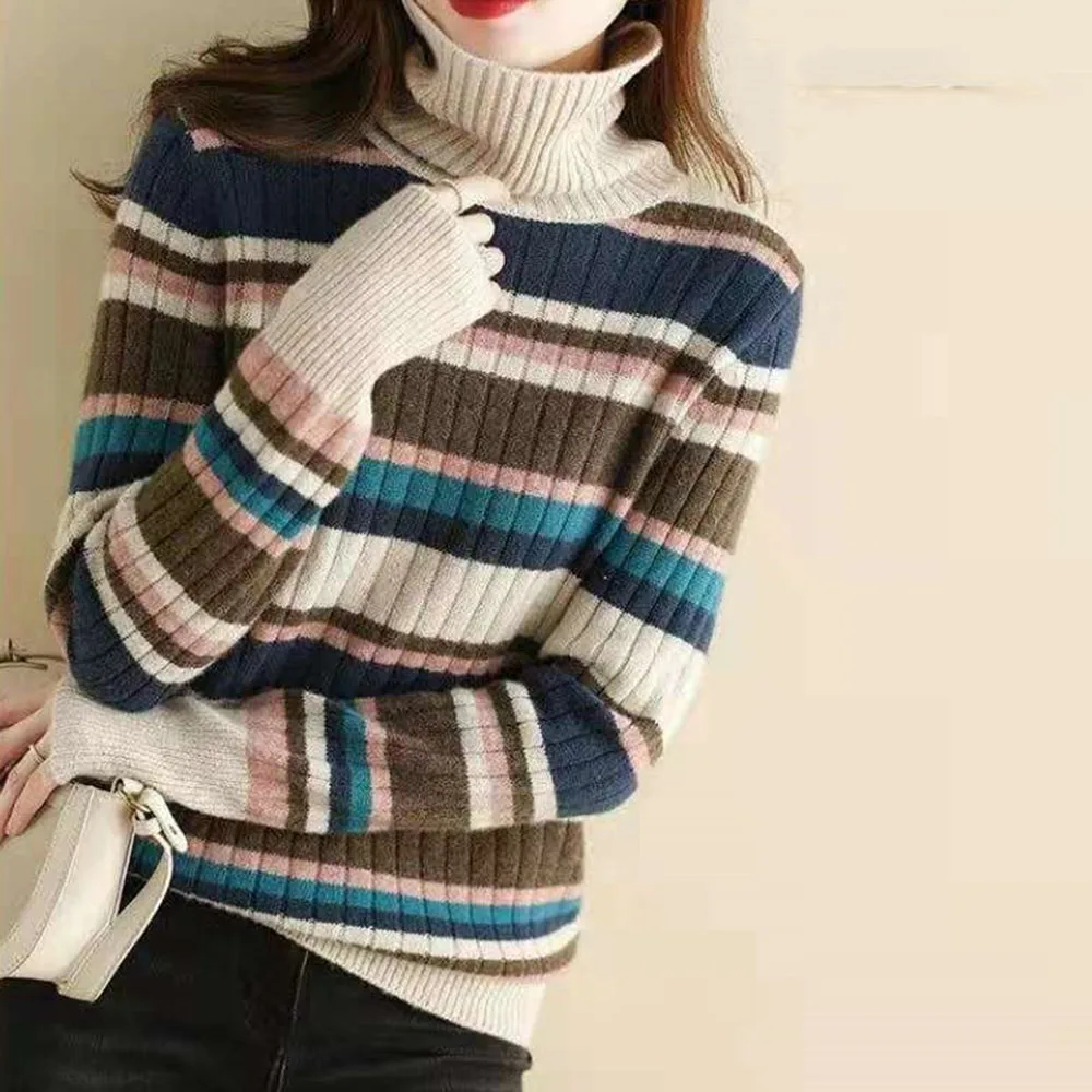 

Autumn Winter Ladies Sweater 2021 New Patchwork Strip Women Knits Sweater Long Sleeve Pullover High Neck Slim Fashion Casual