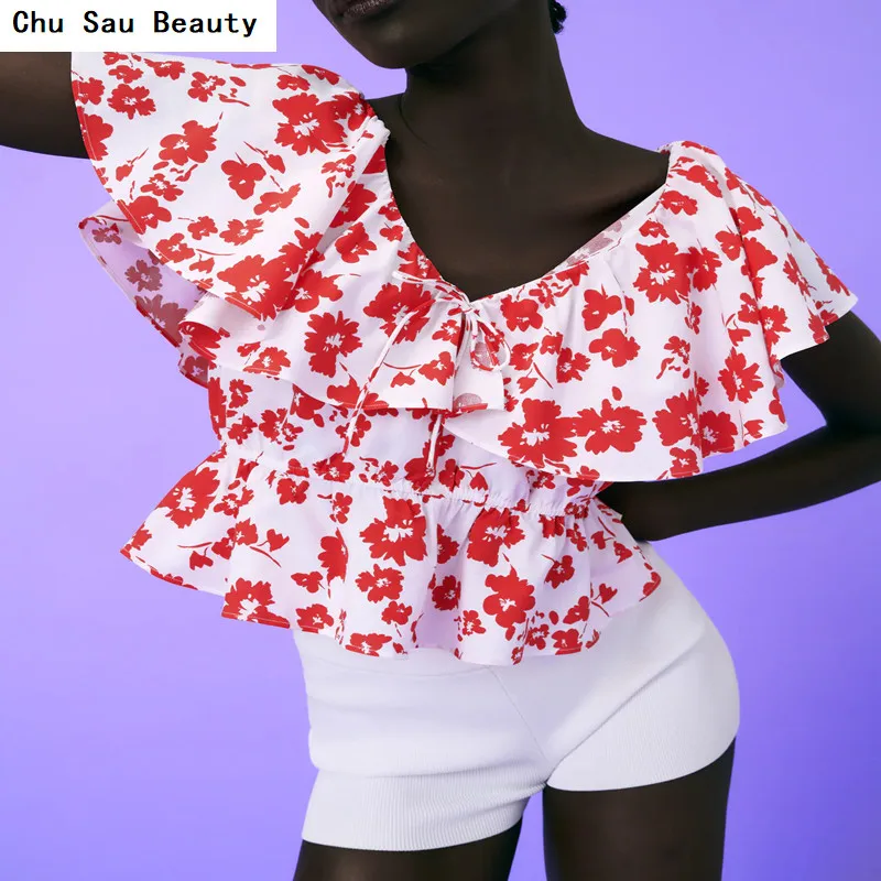 

Chu Sau Beauty 2021 New Women's Laminated Decorative Printed Shirt Summer Ruffled Deep V-Neck Elegant and Chic Elastic Waist Top