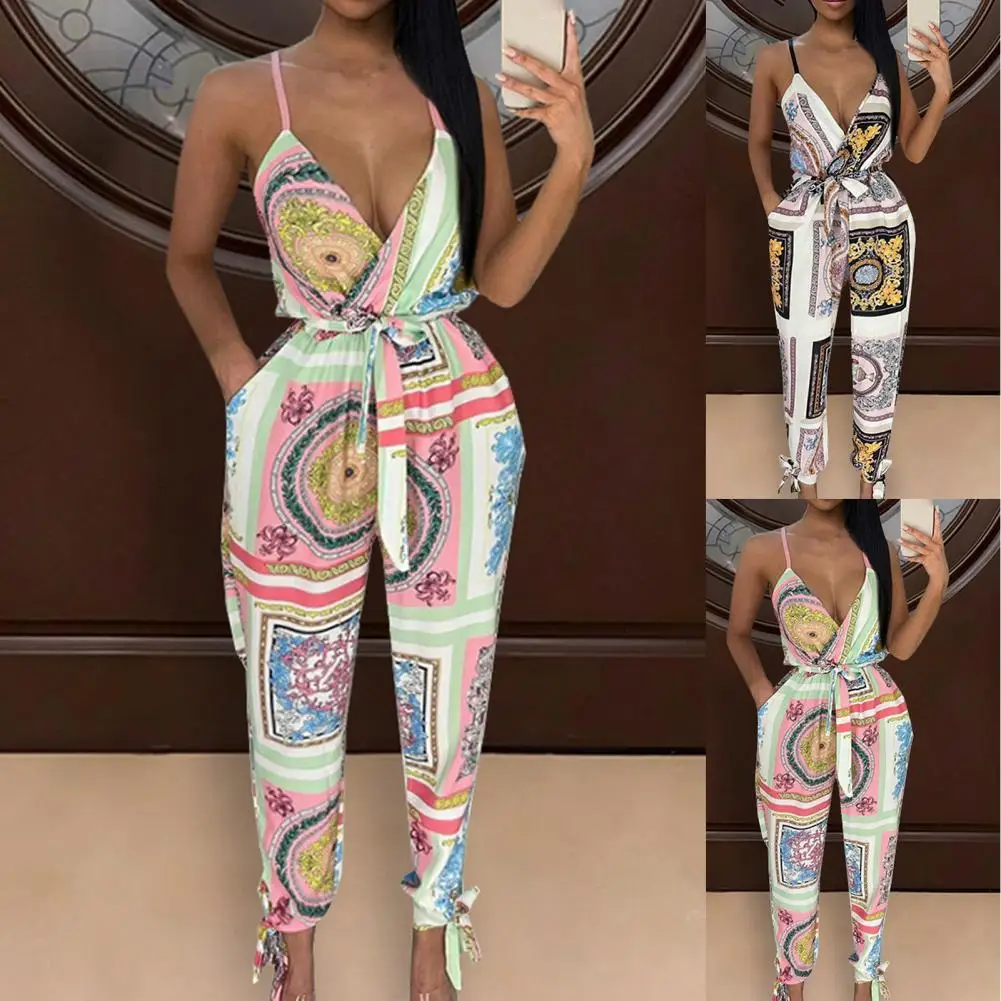

Cropped Jumpsuit Ethnic Mixed Print Spaghetti Strap Women V Neck Waist Tied Ankle Tied Jumpsuit Vacation Slit Leg Jumpsuit Sexy