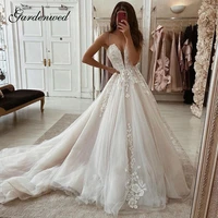 princess a line wedding dresses simple deep v neck lace appliques bridal gowns spaghetti straps long tulle bride dresses