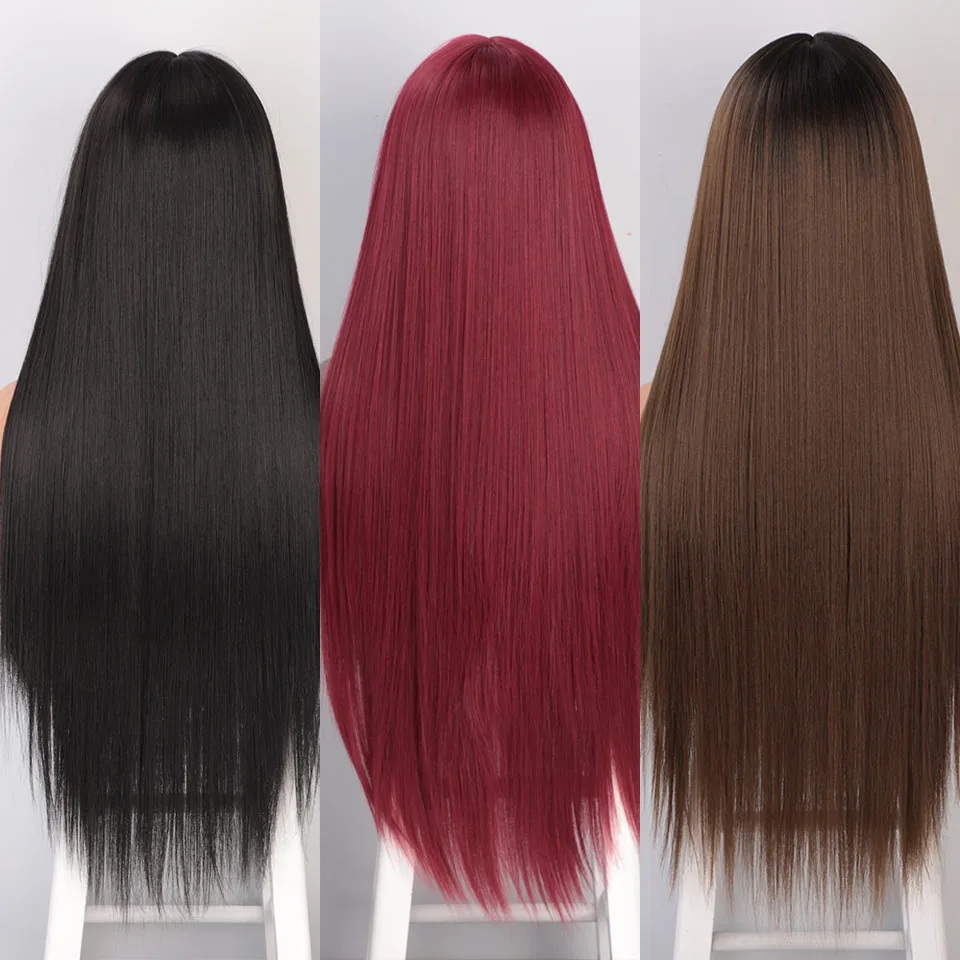 

FORCUTEU Pink Black Wig Long Straight Wig with Bangs Synthetic Brown Blonde Heat Resistant Synthetic Wigs for Women Cosplay Hair